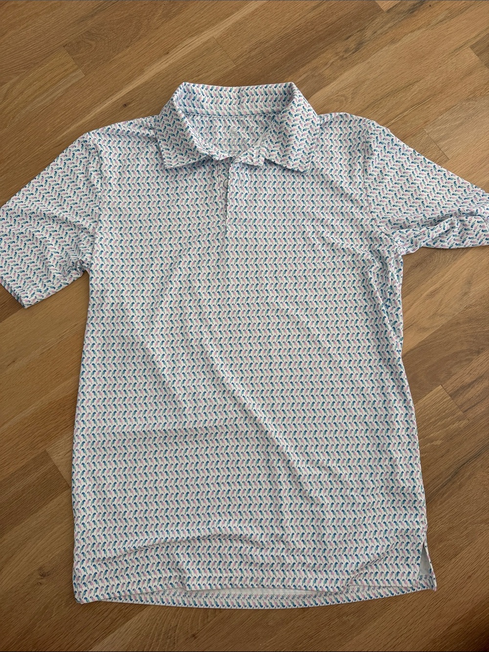 Class Club White Polo with Teal and Coral Micro Print